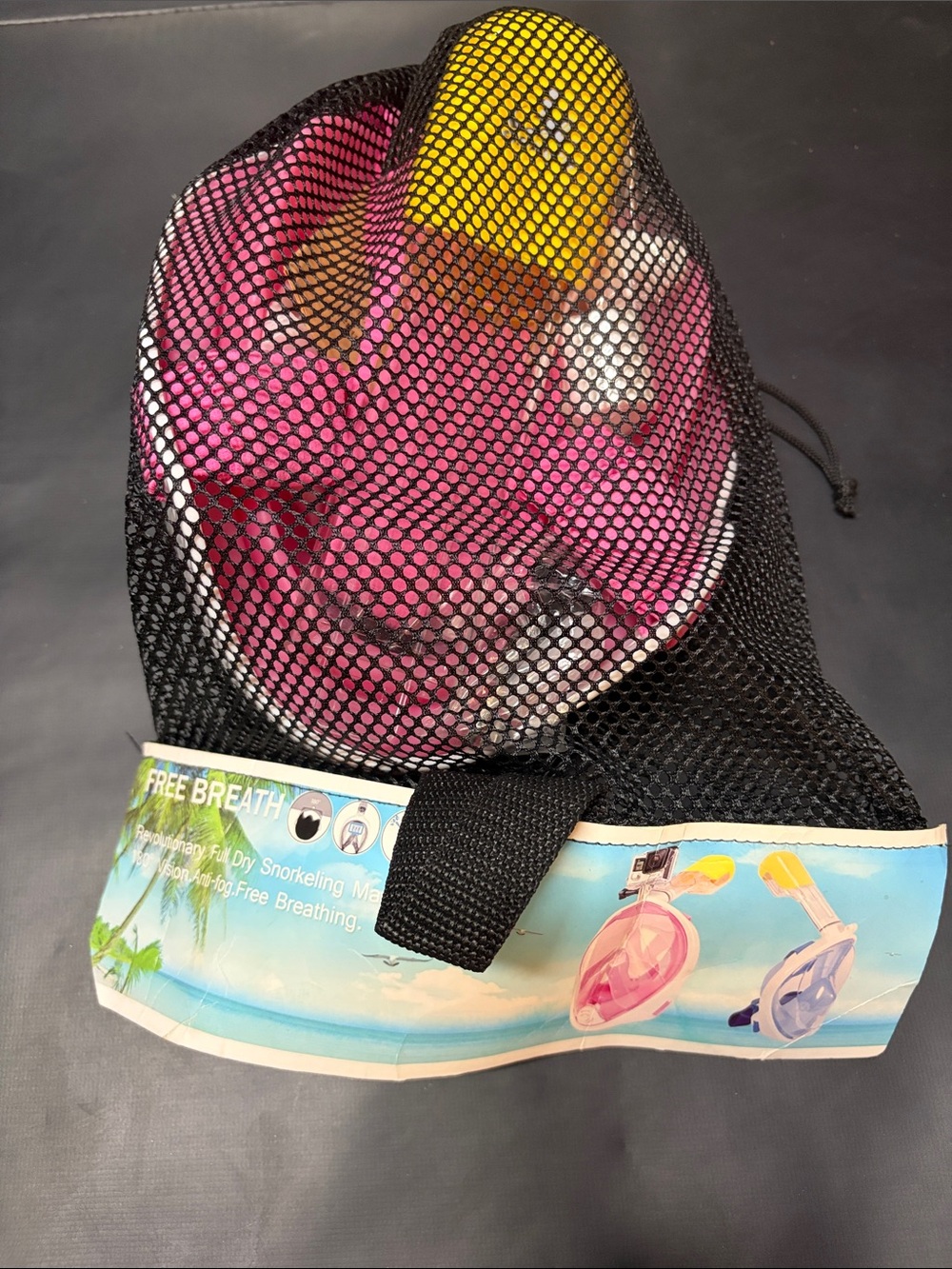 Full Face Snorkel Mask with Pink Faceplate and Yellow Snorkel